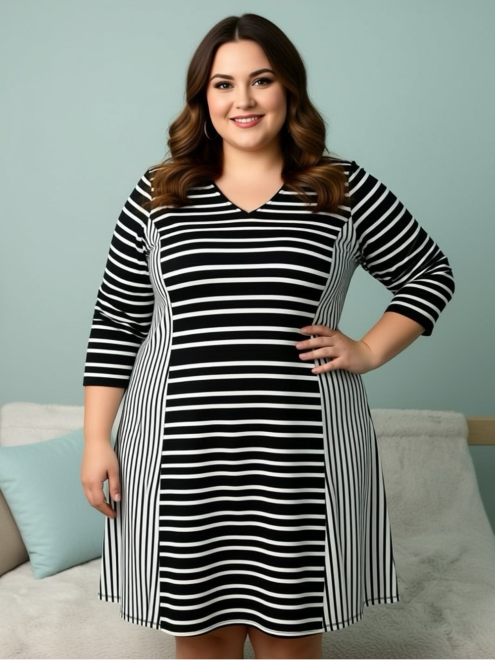 Lane Bryant Black White Striped VNeck ALine Dress Plus Size 22/24 Back Tie Up